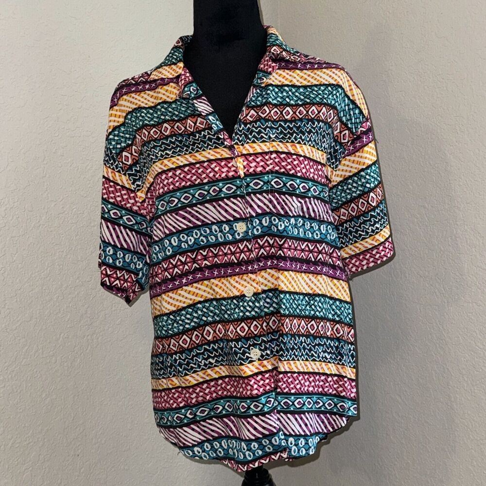 French‎ Navy Shirt Women's Medium (10-12) Multicolor Button-Up Retro Eccentric